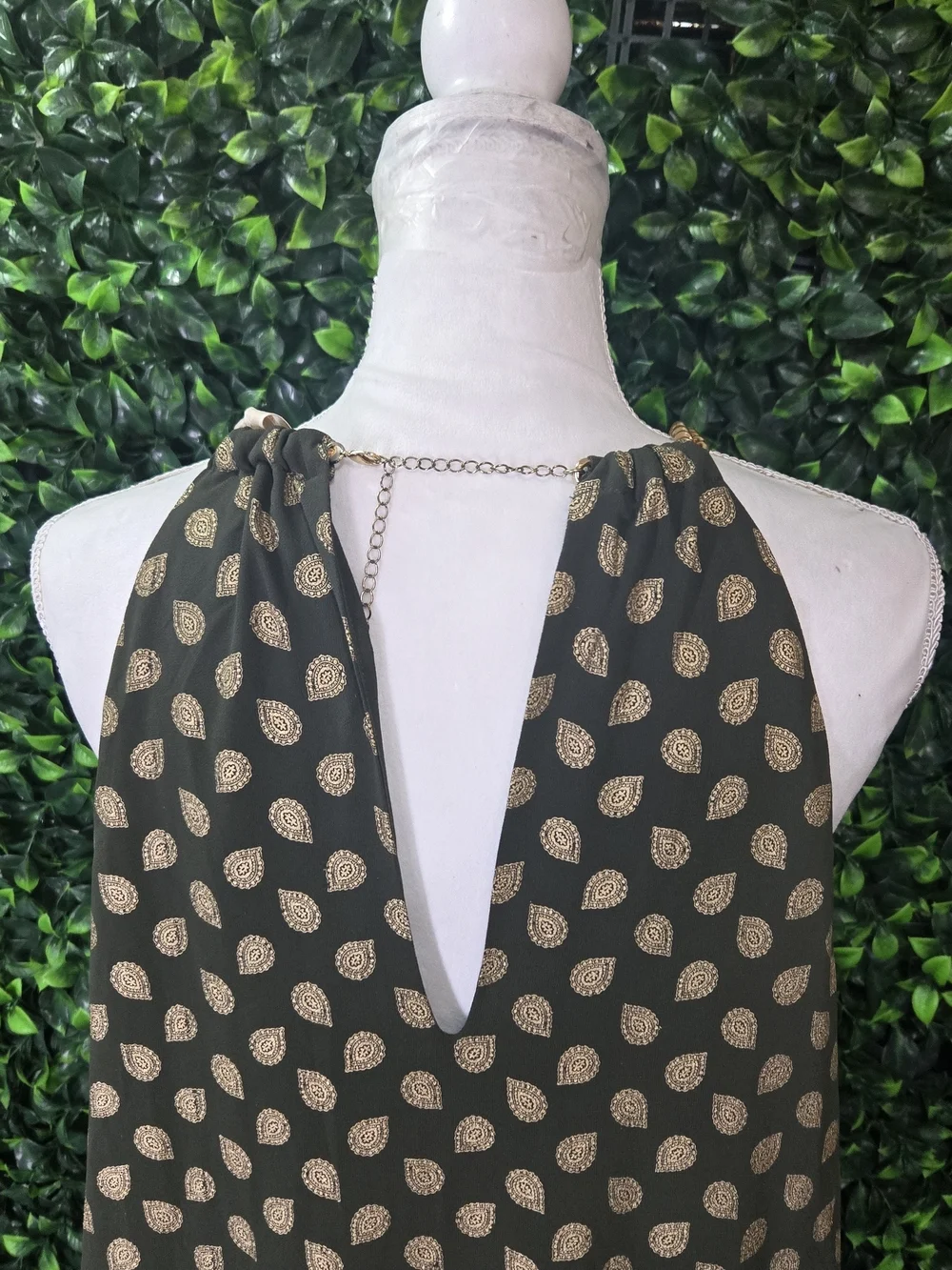 Michael Kors Olive Green Halter High-Low Dress with Gold Dot Print